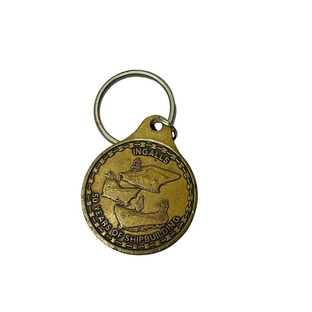 Litton Ingalls Ship building 50th Anniversary 1938-88 brass key ring aircraft ca
